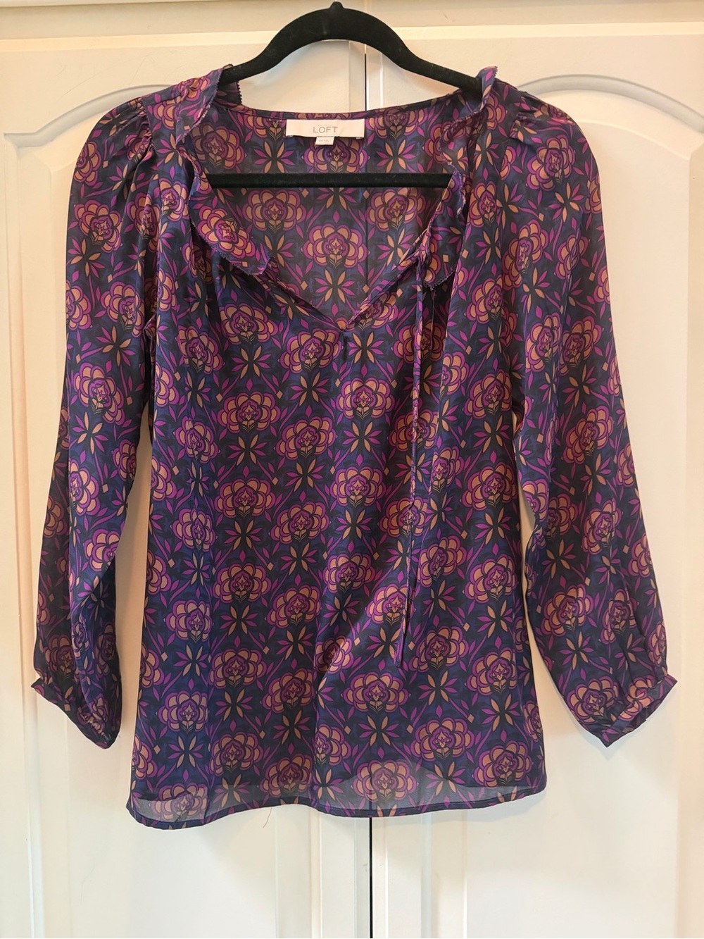 LOFT Purple and Pink Floral Tie-Neck Blouse